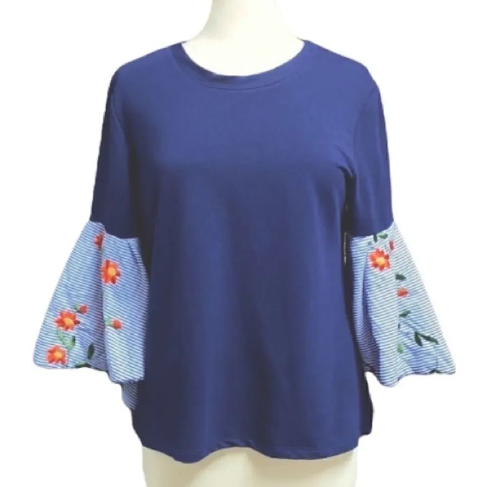 Camille & Co. Navy Embroidery Bell Sleeve Top